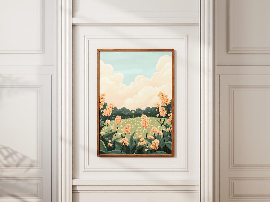 Peach Blossom Meadow Soft Cloud Sky Dreamy Botanical Flower Poster - Image 2