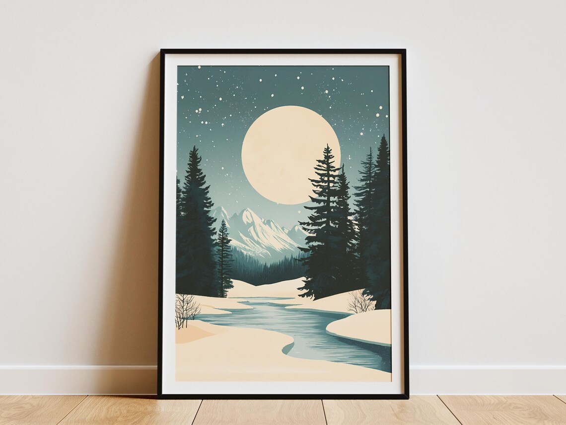 Huge Full Moon Over River Pines Snowy Mountains Night Poster
