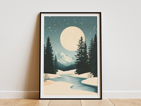 Winter Moon Landscape Poster Snowy Mountains River Art Print Minimalist Nature Wall Decor Modern Forest Scene Holiday Home Decor Cozy Cabin