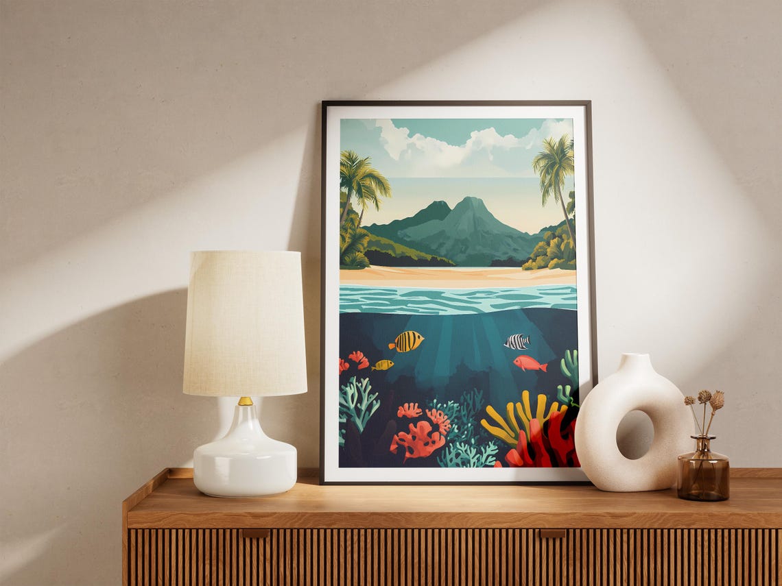 Tropical Island Beach Above Coral Reef Underwater Split View Poster - Image 5