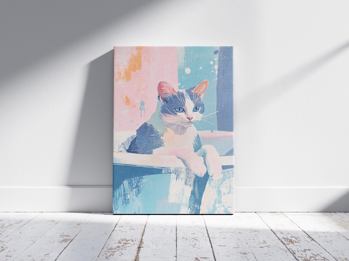 Cat in a Bathtub Pastel Blue and Pink Abstract Pet Art Poster - Image 2