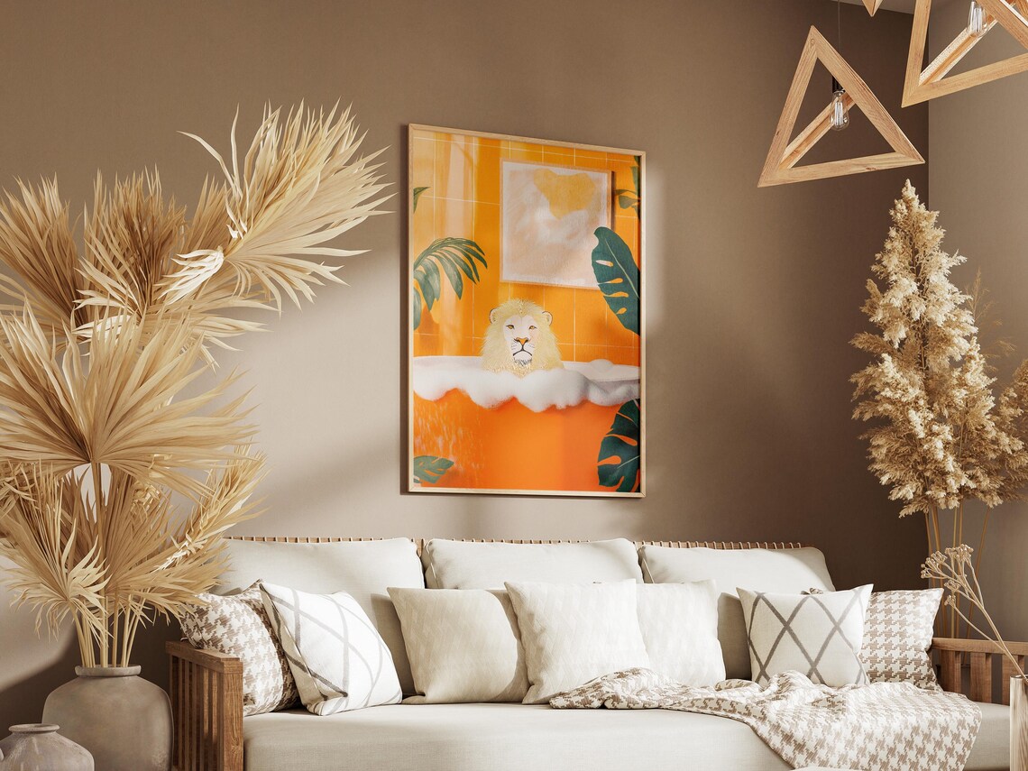 White Lion In An Orange Bubble Bath Tropical Bathroom Poster - Image 3