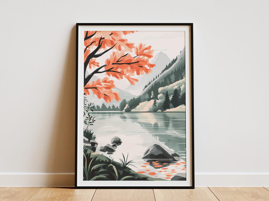 Delicate Coral Autumn Branch Over A Misty Mountain Lake Poster