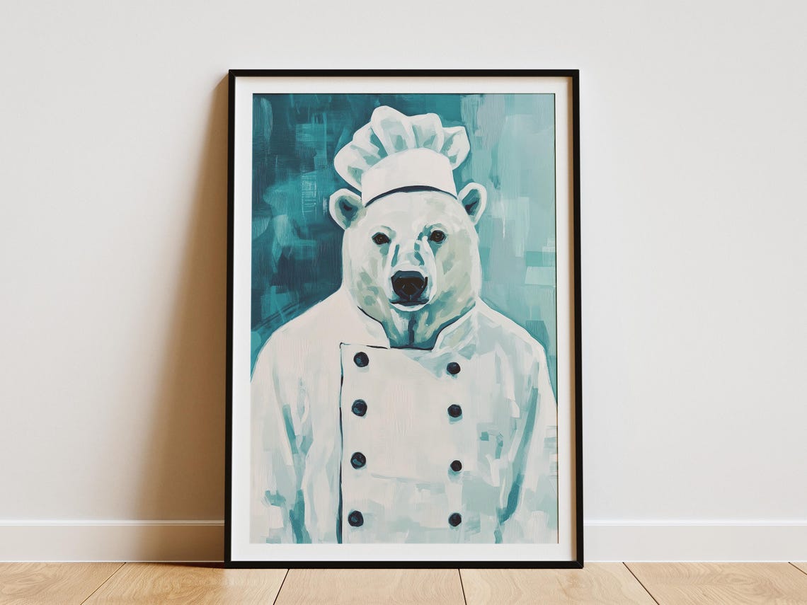 Polar Bear Chef Poster Kitchen Art Print Funny Animal Whimsical In Uniform Wall Decor Unique Home