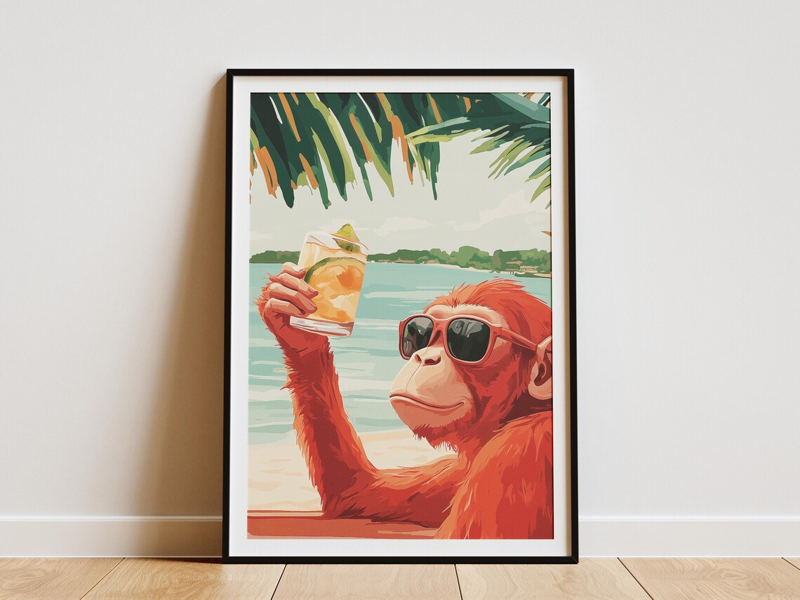 Cool Monkey in Sunglasses Raising a Cocktail at the Beach Poster