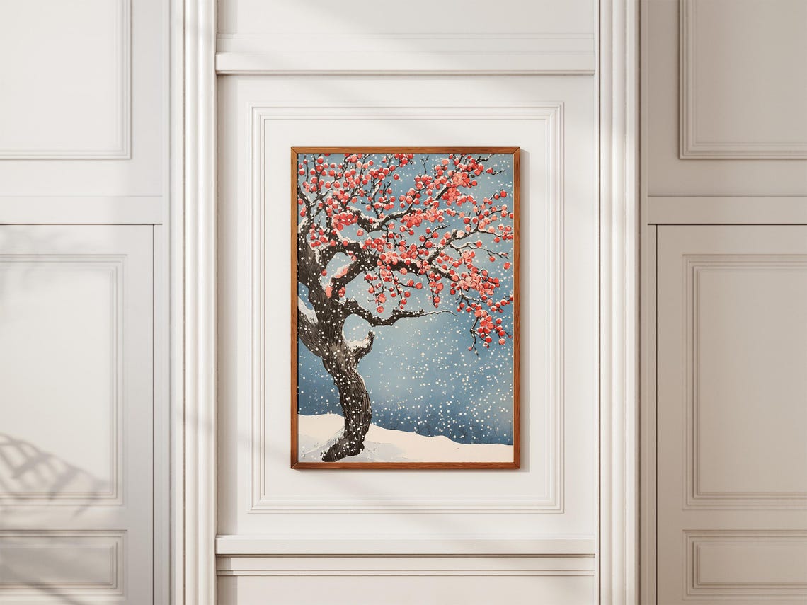 Snow Covered Plum Tree Red Blossoms Falling Snow Night Poster - Image 2