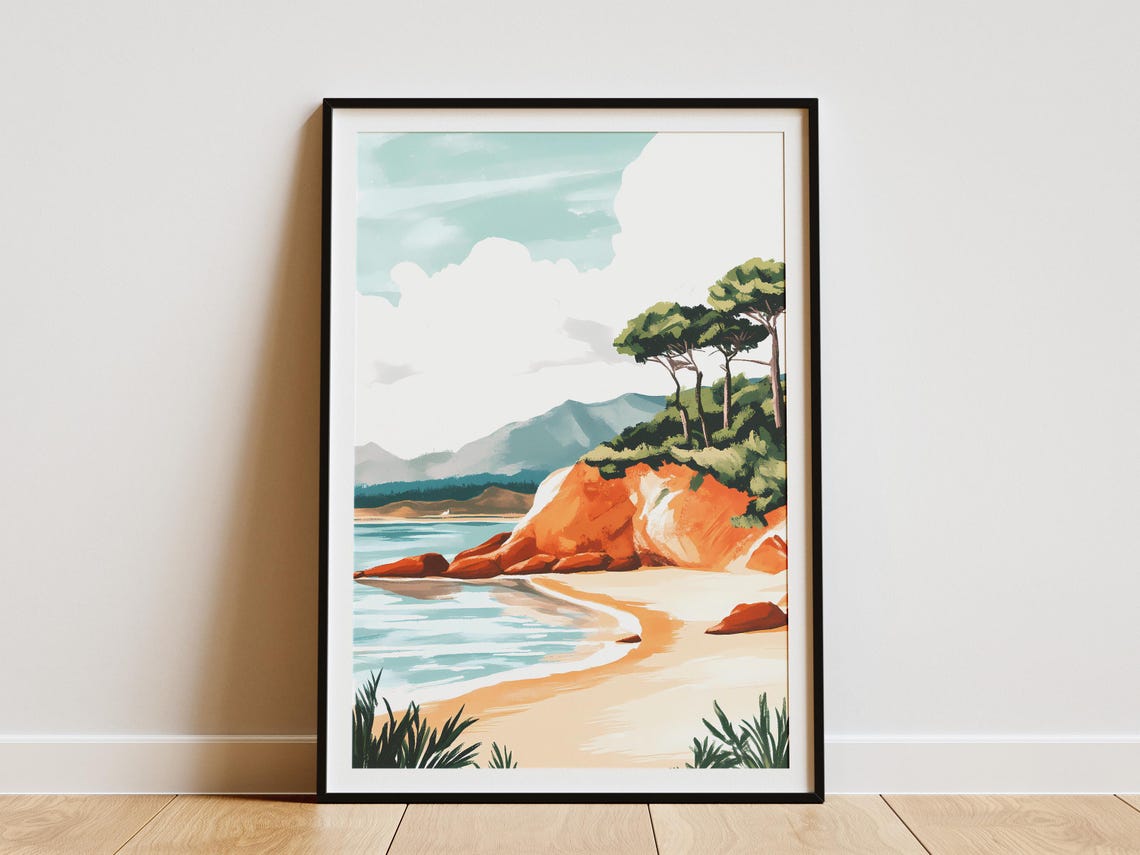 Red Rock Beach Cove With Pine Trees Coastal Landscape Poster