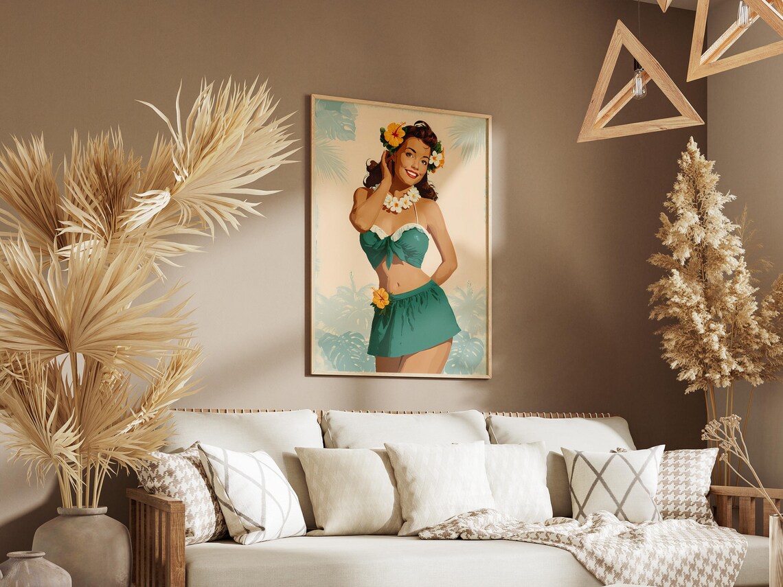 Vintage Hula Girl Retro Pin Up Tropical Flower Lei Art Poster - Image 3