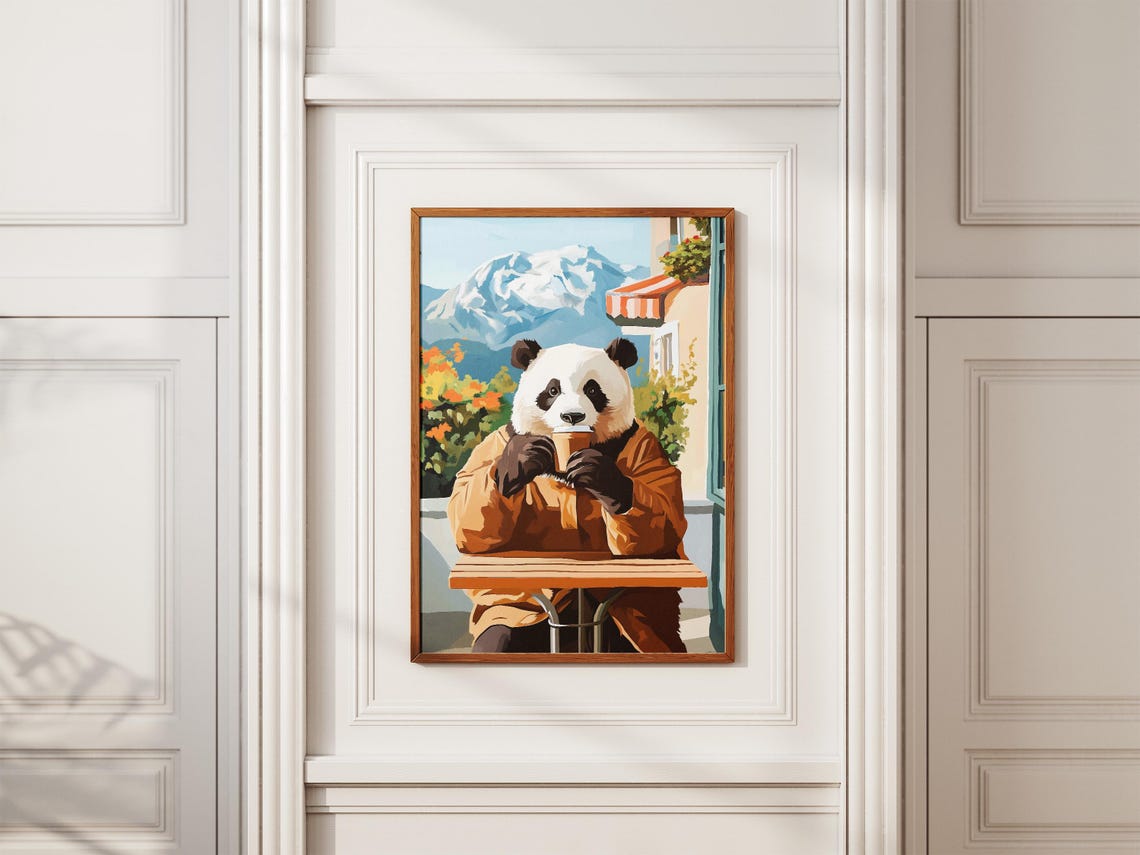 Panda Coffee Poster Cozy Cafe Animal Wall Decor Mountain Gift Decor - Image 2