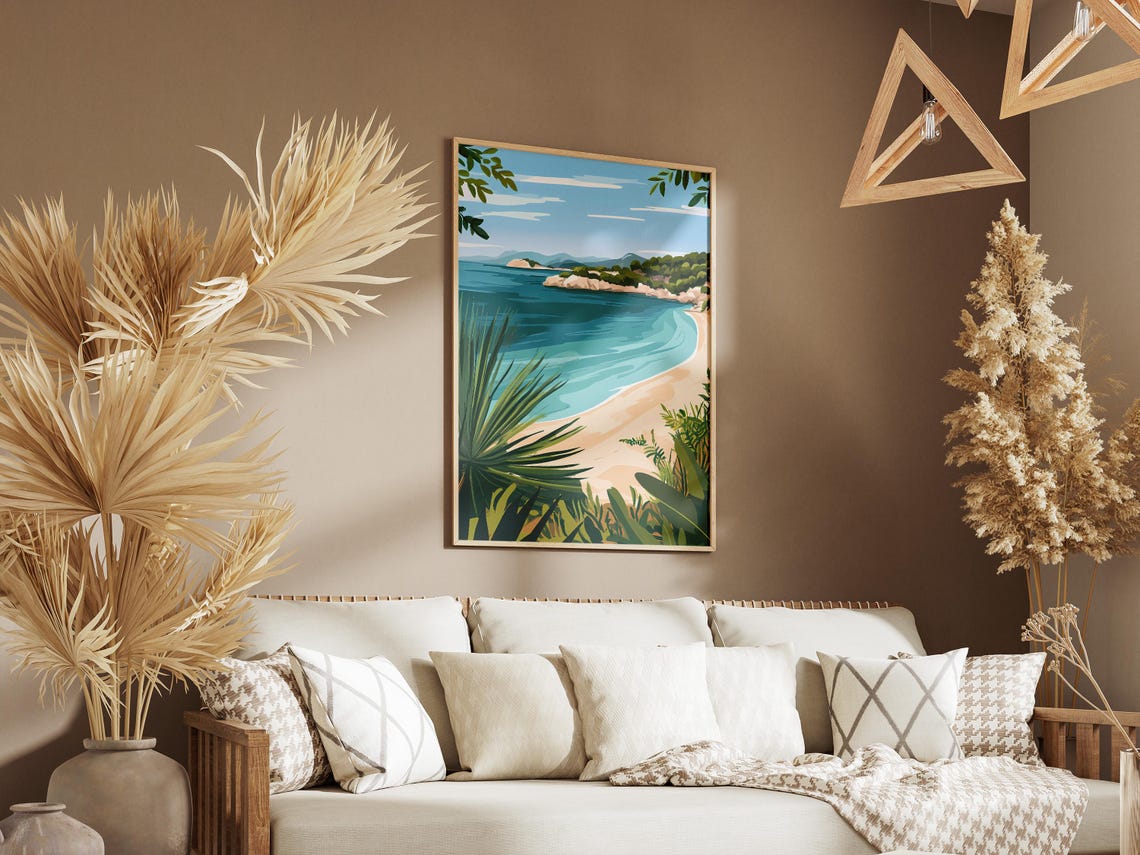 Curved Tropical Beach Bay Turquoise Water Illustration Poster - Image 3