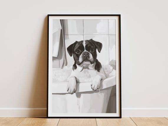 Pug Dog Art Print Minimalist Bathtub Poster Bubble Bath Wall Cute Animal Illustration Pet Lover Gift Bathroom Decor