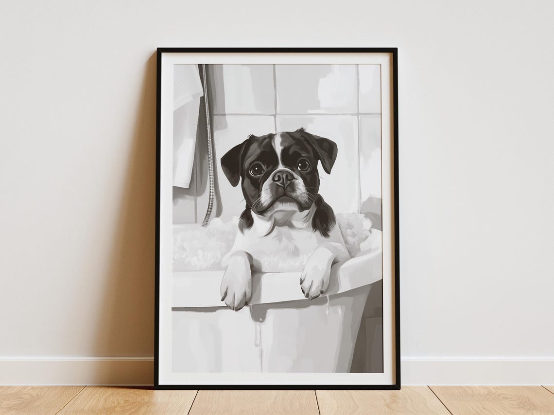 Adorable Pug Puppy Bubble Bath Minimalist Dog Bathroom Poster