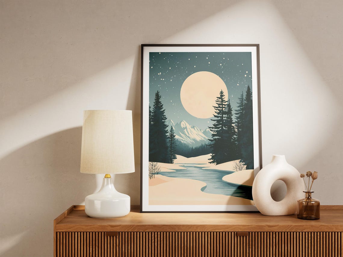 Huge Full Moon Over River Pines Snowy Mountains Night Poster - Image 5