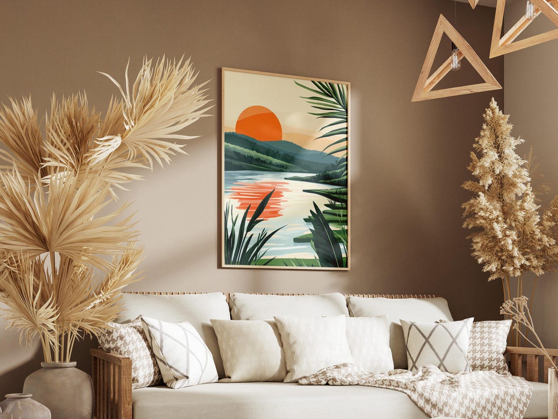 Orange Sun Over Tropical River Modern Botanical Sunset Poster - Image 3