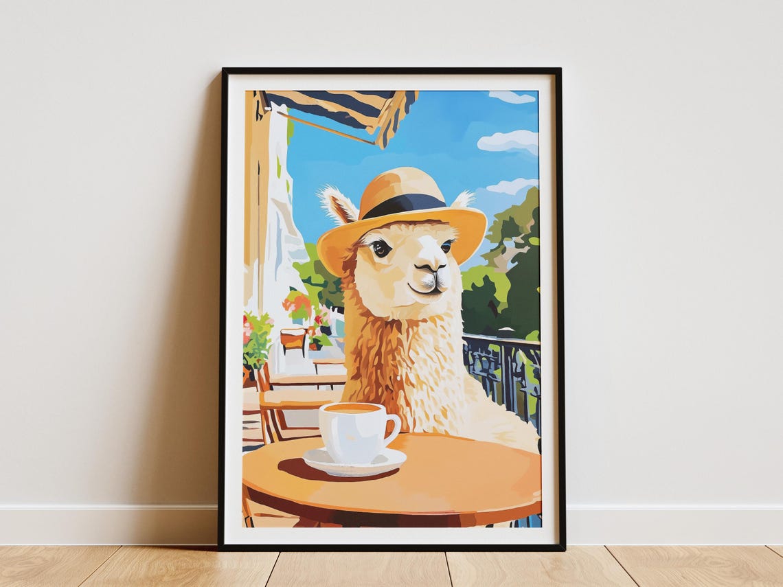 Alpaca in a Straw Hat at an Outdoor Cafe Table with Coffee Poster