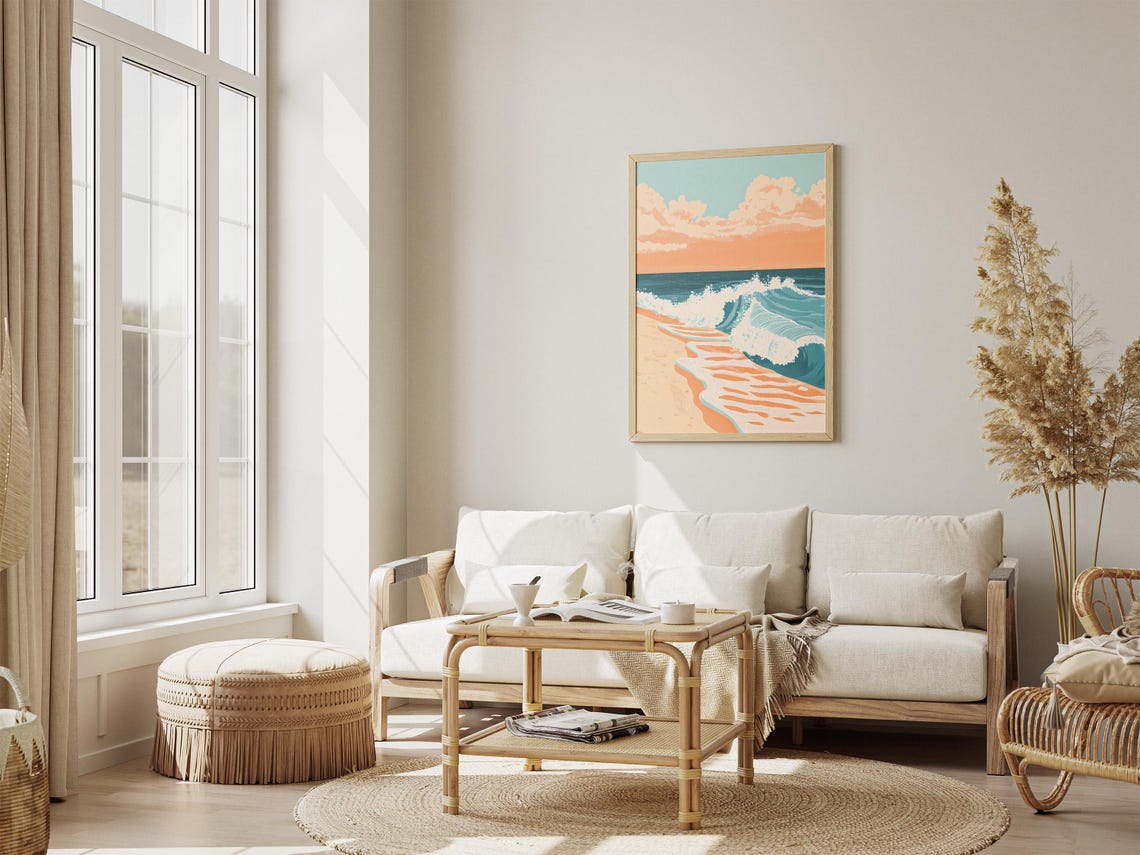 Curling Teal Wave and White Seafoam on Golden Sand Beach Poster - Image 4