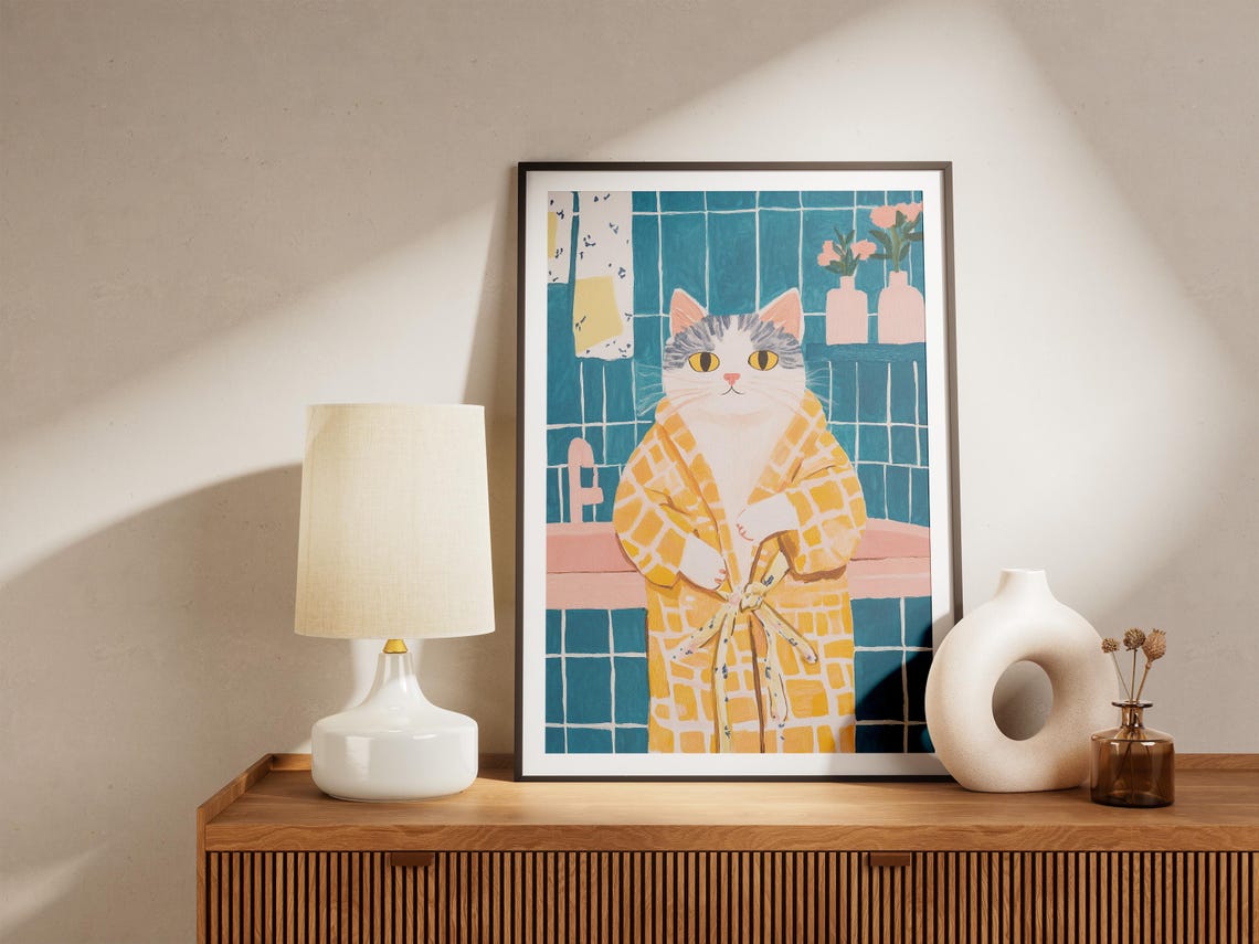 Tabby Cat in Yellow Checkered Bathrobe Cute Fun Bathroom Poster - Image 4