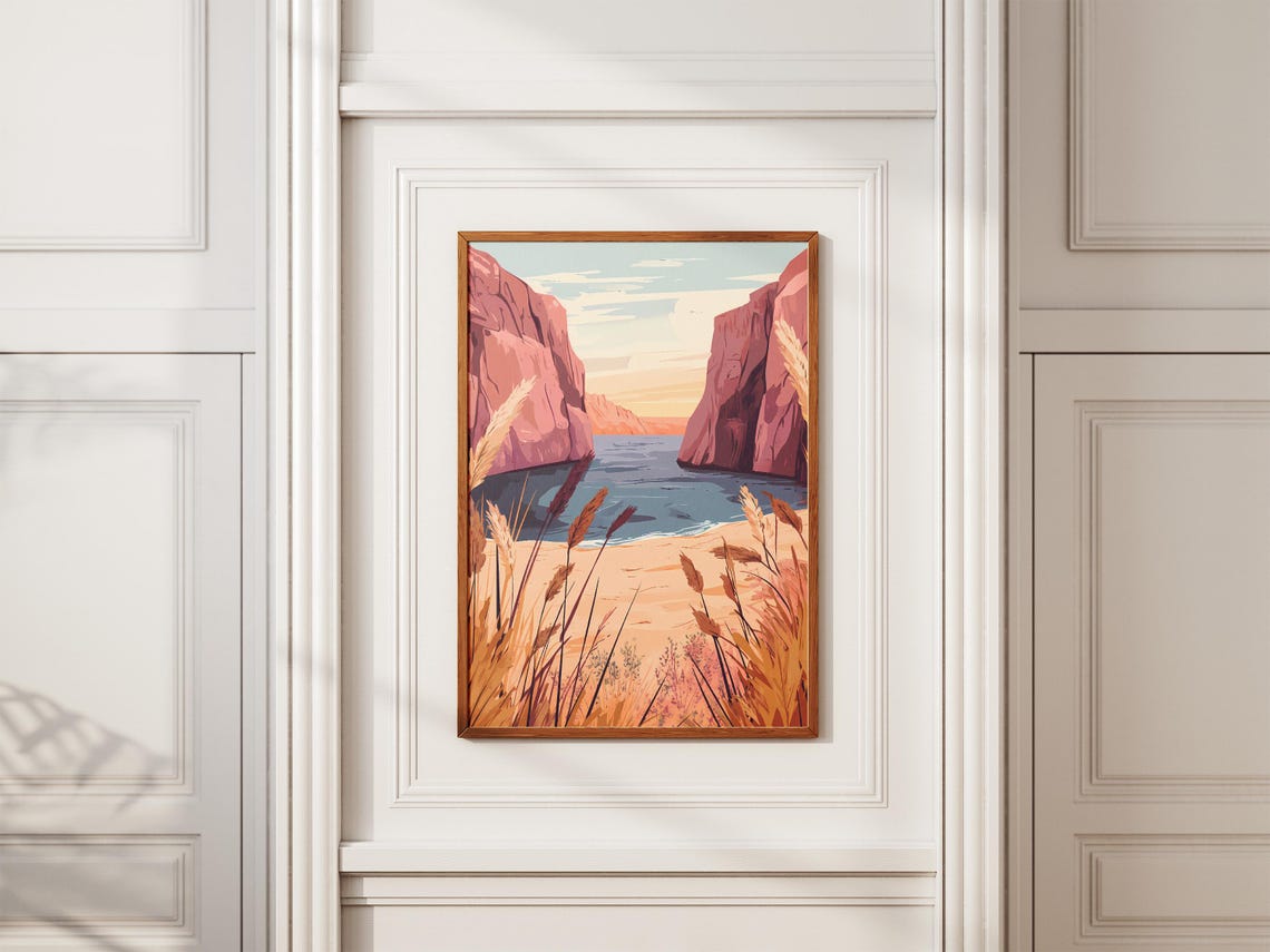 Sunset Over Red Rock Canyon Lake Golden Hour Illustration Poster - Image 2
