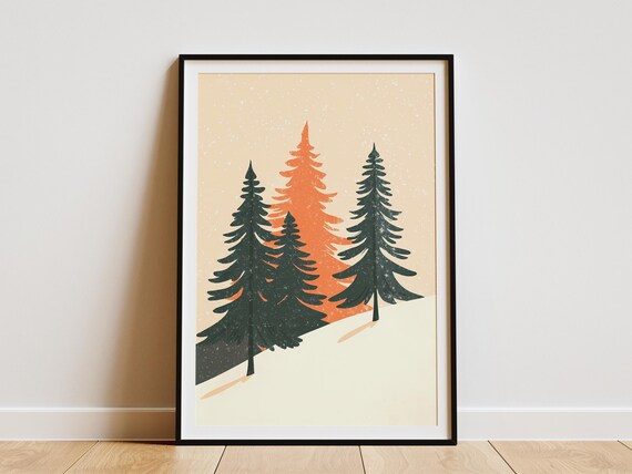 Winter Pine Trees Poster Modern Minimalist Forest Art Print Orange And Teal Nature Illustration Scandinavian Home Decor Snowy Landscape