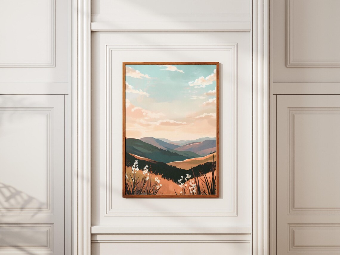 Rolling Sunset Hills with Wildflowers and Layered Peaks Poster - Image 2