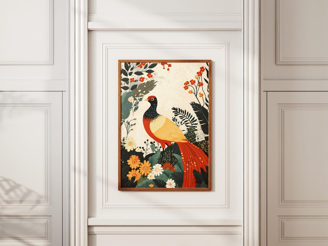 Golden Pheasant Red Tail Tropical Flowers Chinoiserie Poster - Image 2