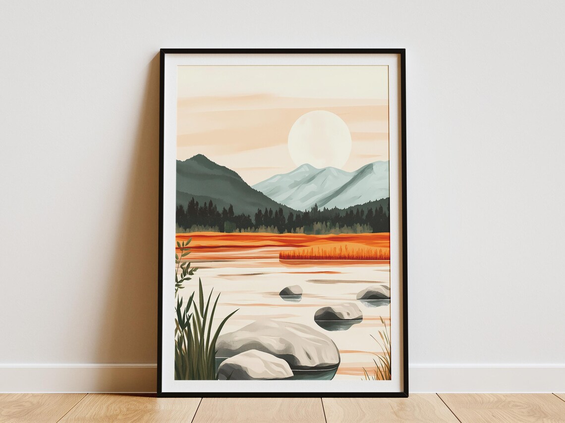 Moonrise Over Rocky Lake Shore Orange Water Evening Scene Poster