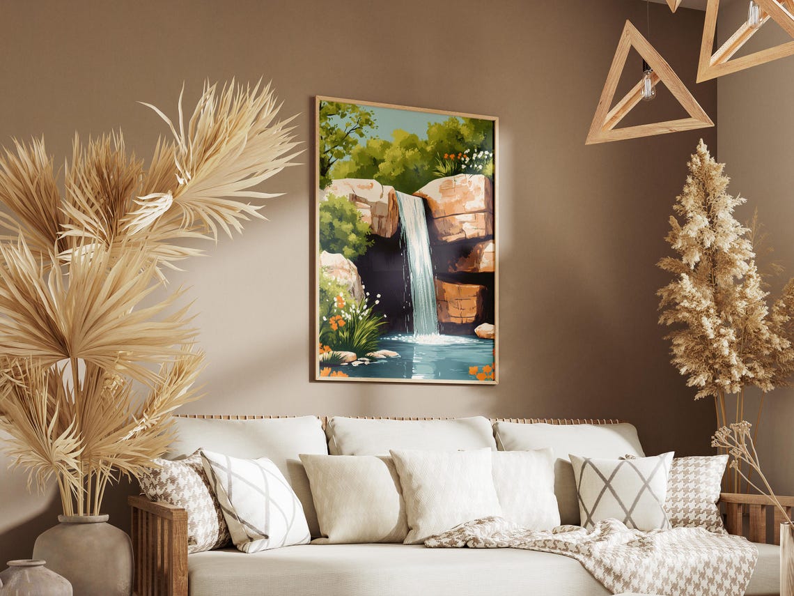 Rocky Waterfall Flowing Over Cliffs Ringed With Wildflowers Poster - Image 3