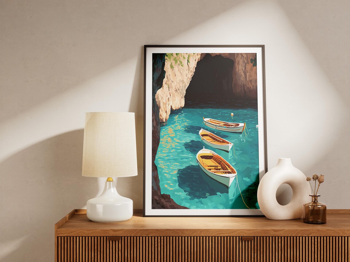 Wooden Rowboats Floating in a Turquoise Sea Cave Grotto Poster - Image 5