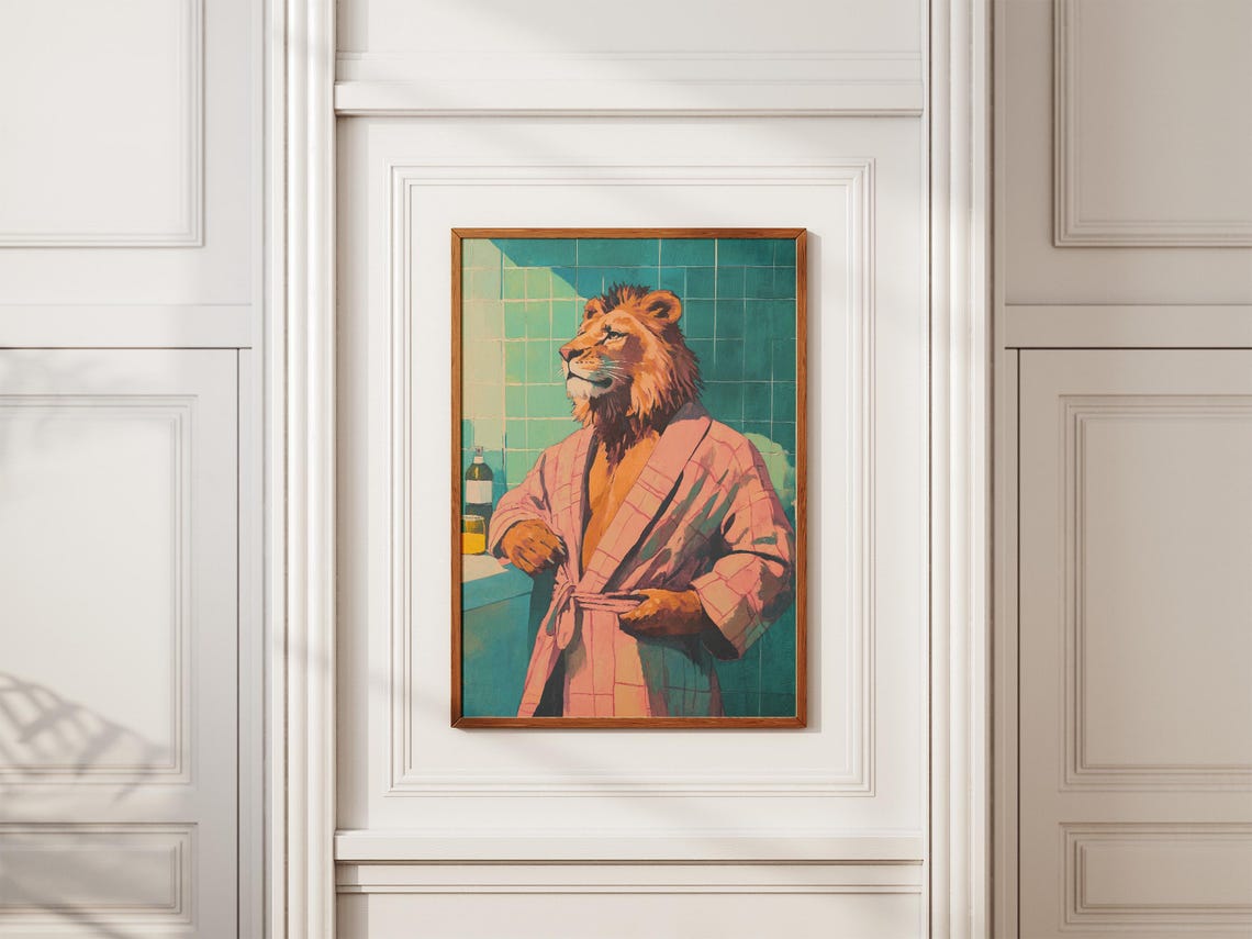 Lion In A Bathrobe Bathroom Painting Poster Print Modern Animal Art Funny Cool Home Decor Unique Wall Whimsical - Image 2