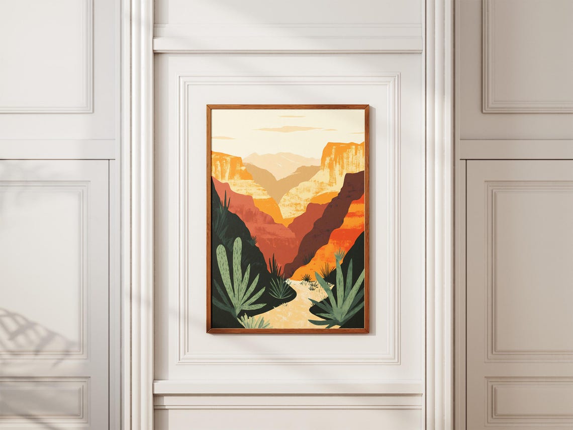 Desert Canyon with Agave Plants at Sunset Illustration Poster - Image 2