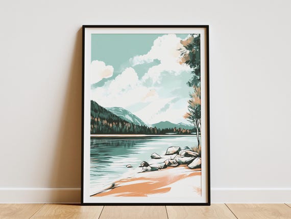 Lake Poster Peaceful Lake Poster Nature Art Print Landscape Wall Art Calm Lake Scene Modern Lake Print Abstract Lake Green Lake Poster