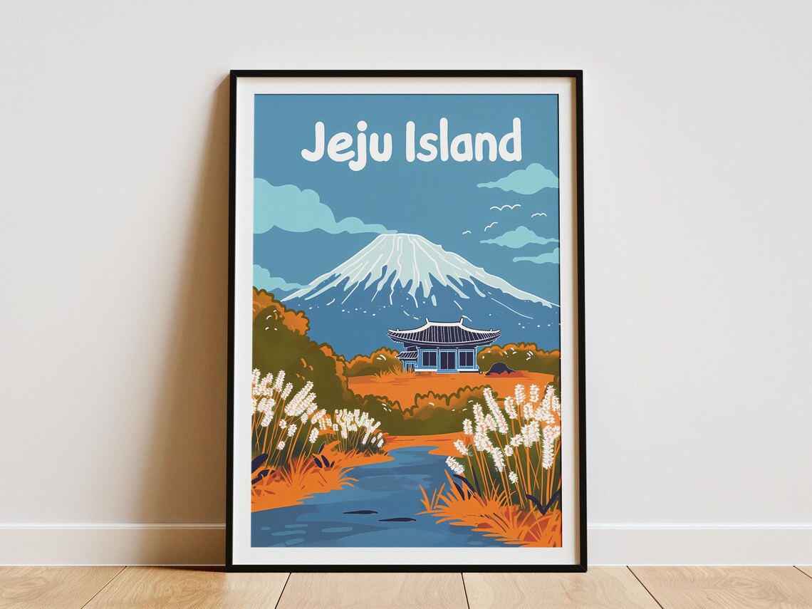 Jeju Island Hallasan Mountain Temple Vintage Travel Art Poster
