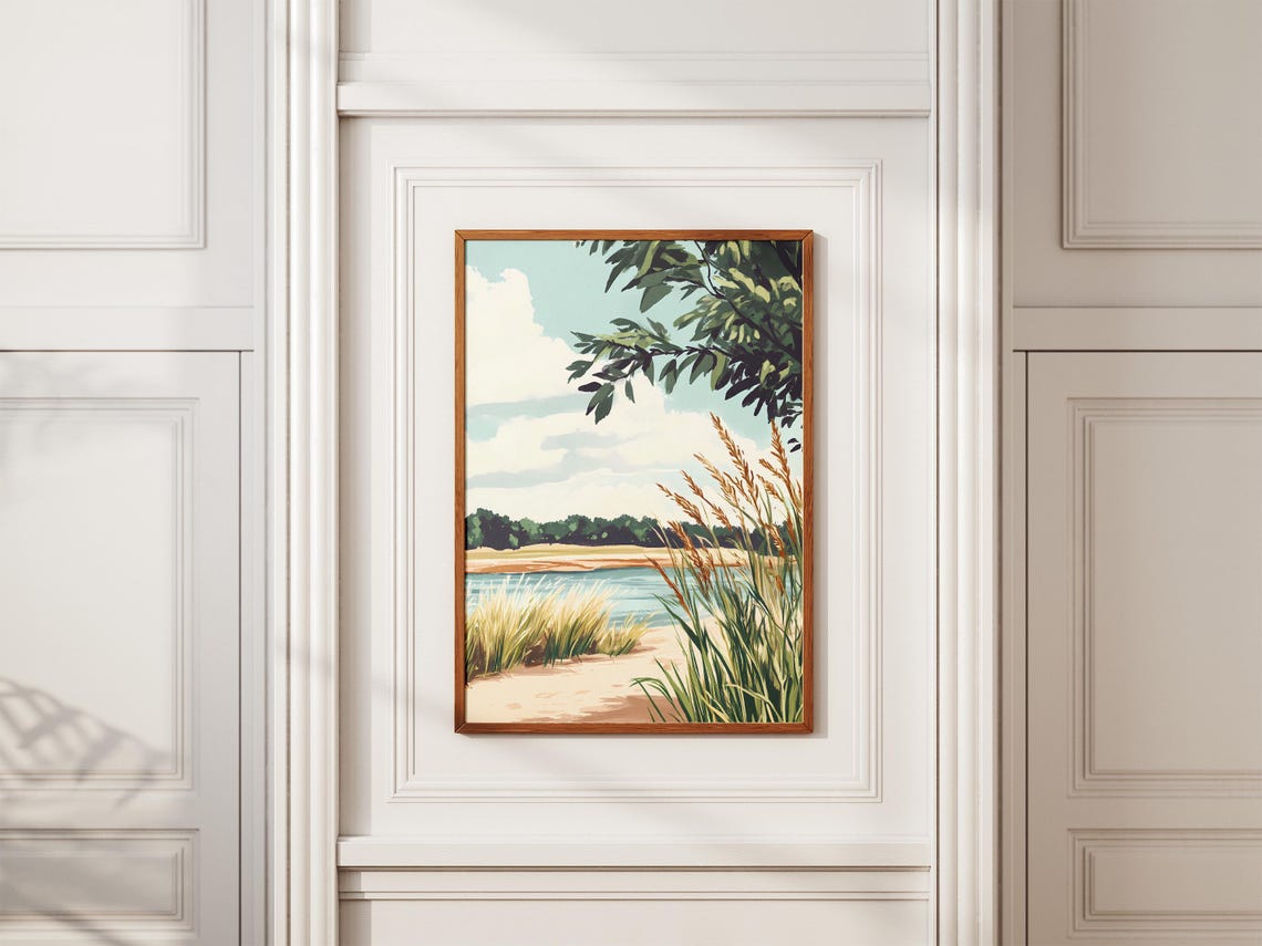 Calm Lakeside Reeds on a Sandy Shore Modern Landscape Poster - Image 2