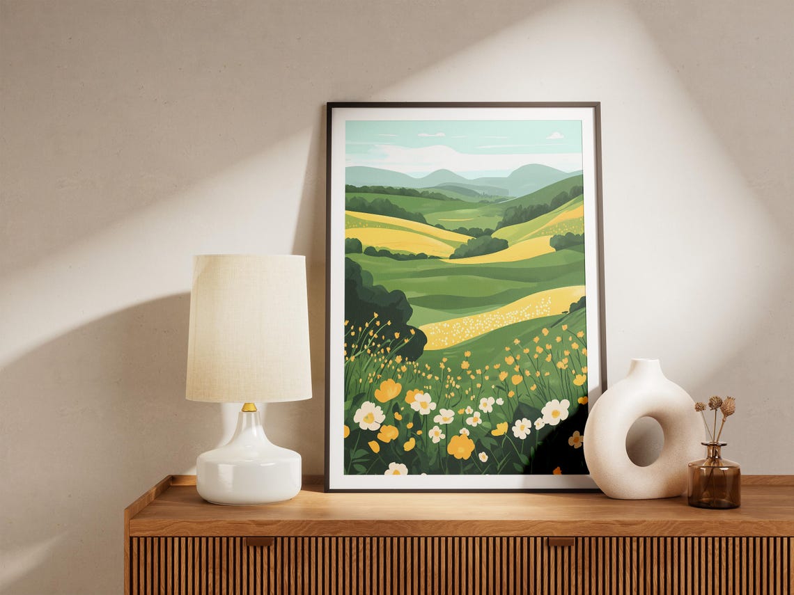 Buttercup Meadow On Rolling Green Hills Spring Scenic Poster - Image 5