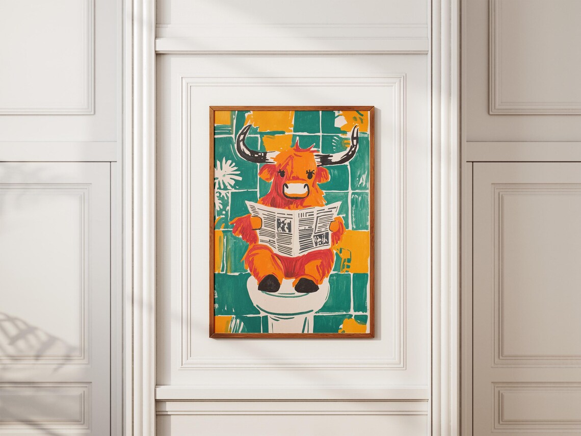 Funny Red Highland Cow Reading Newspaper On Toilet Cow Poster - Image 2