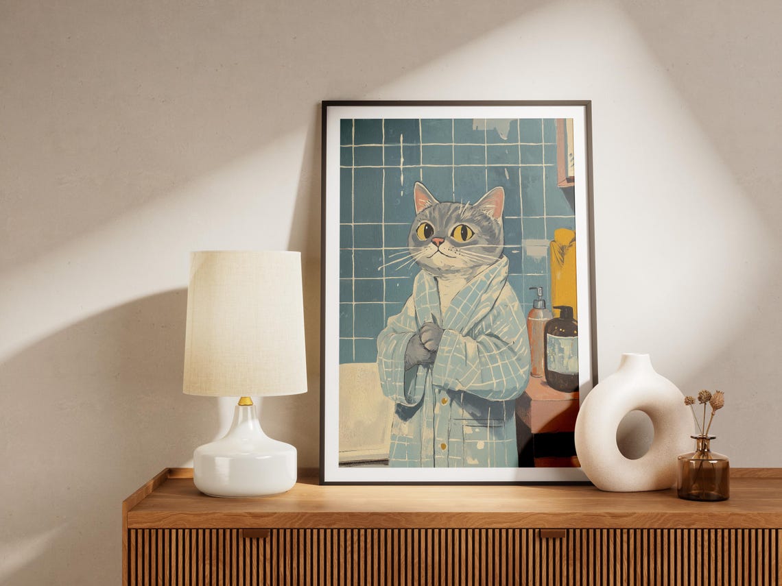 Grey Tabby Cat in Blue Plaid Bathrobe Cozy Bathroom Art Poster - Image 4