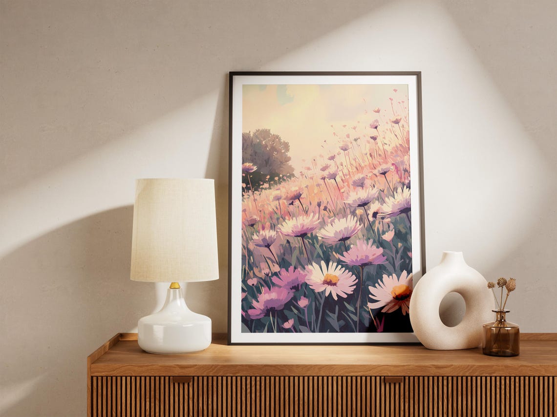 Pink Daisy Meadow At Sunrise Soft Impressionistic Floral Poster - Image 5