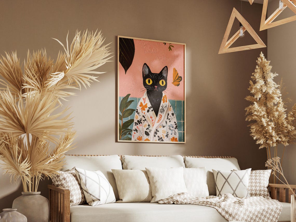 Black Cat in Floral Bathrobe with Butterfly Botanical Wall Poster - Image 3