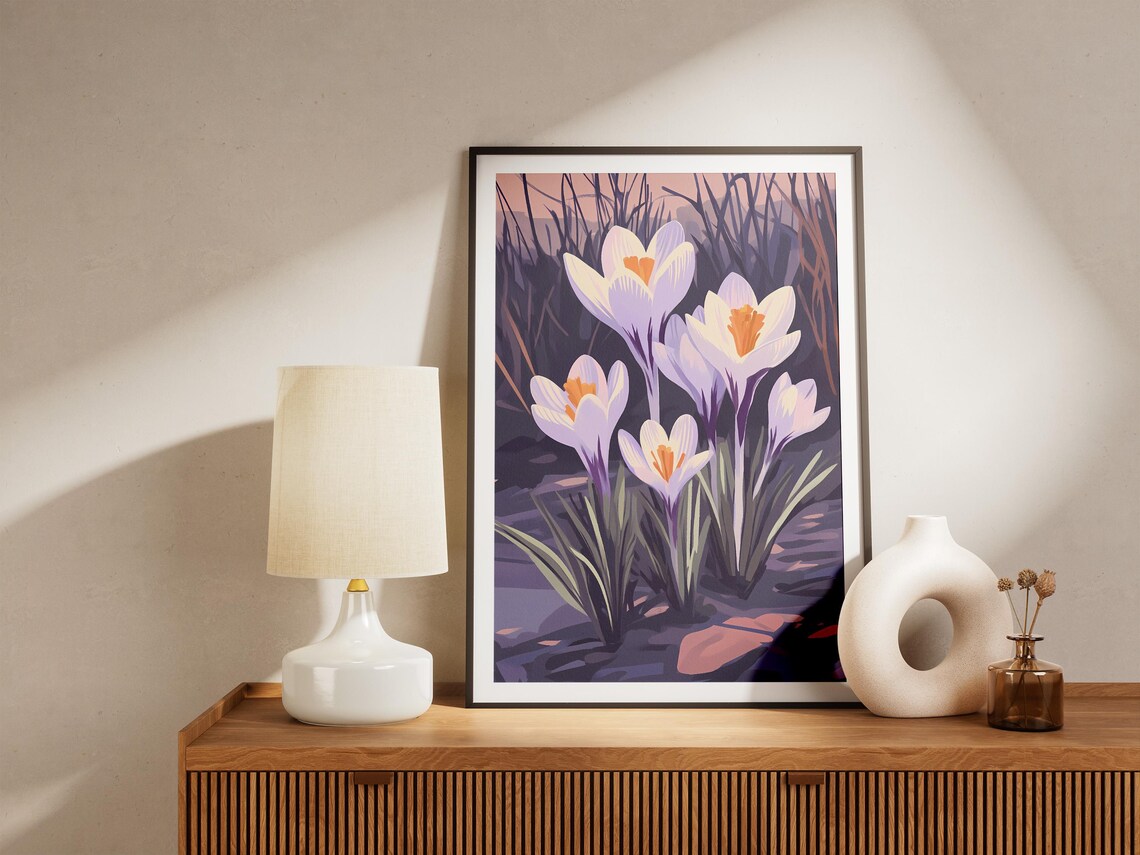 White Crocus Flowers in Purple Twilight Poster of Early Spring Bloom - Image 5