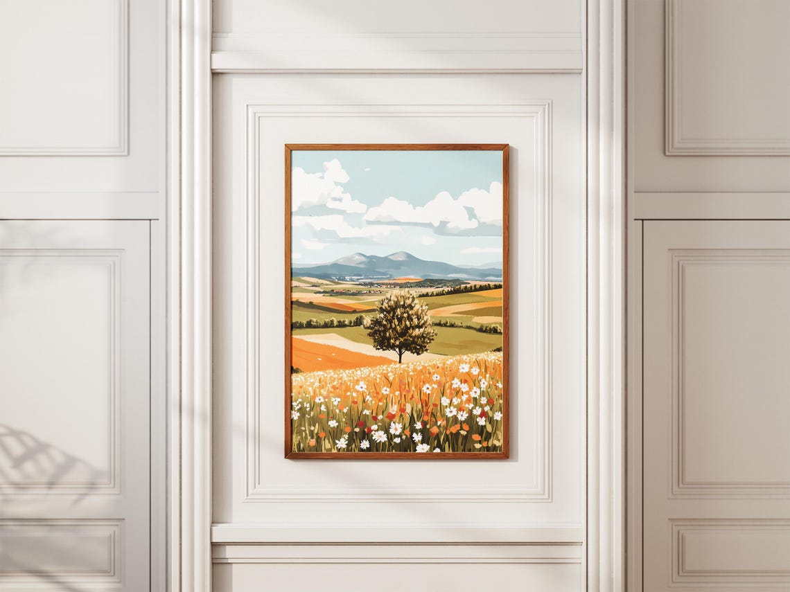 Wildflower Meadow with Tree and Distant Mountains Nature Poster - Image 2