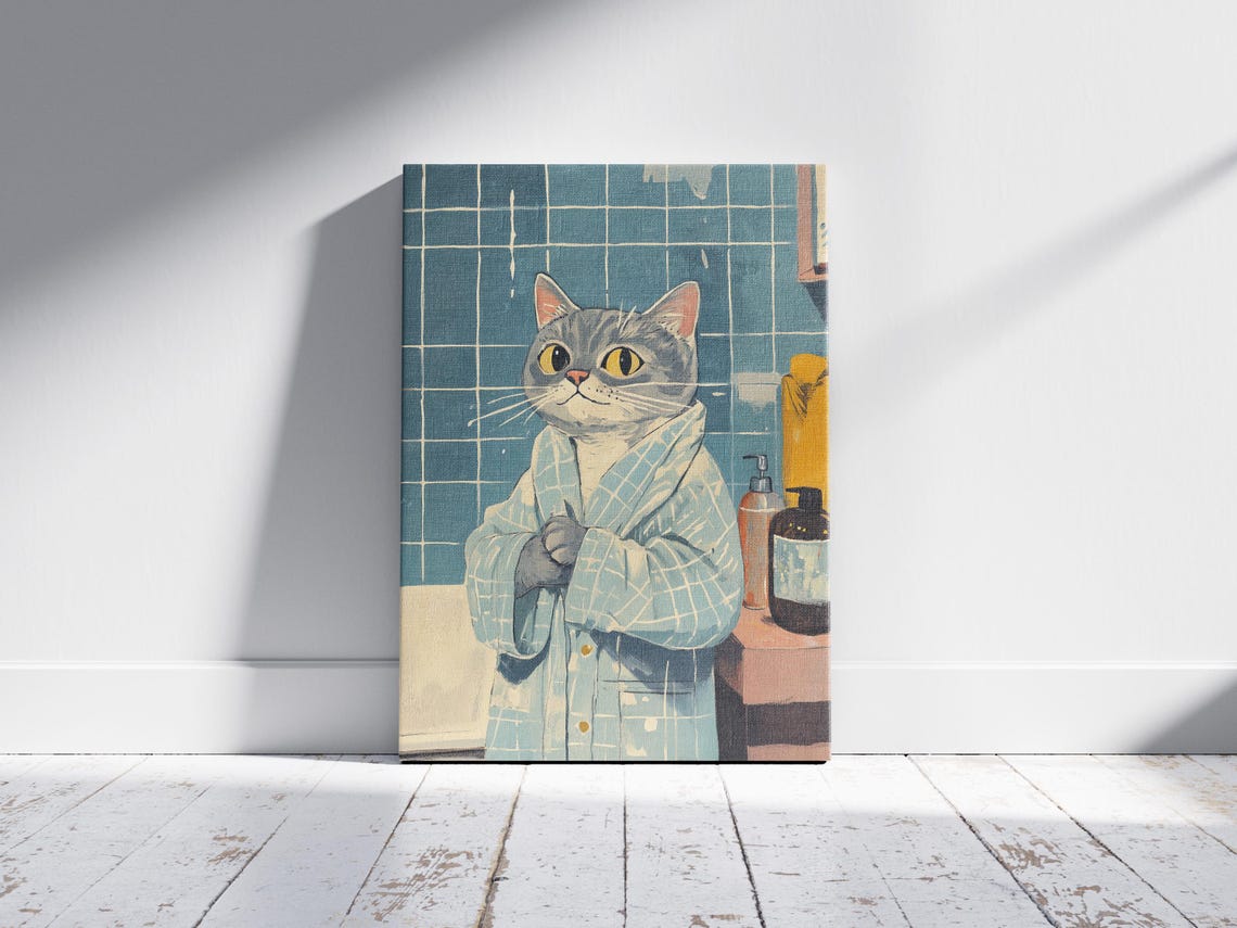 Grey Tabby Cat in Blue Plaid Bathrobe Cozy Bathroom Art Poster - Image 2