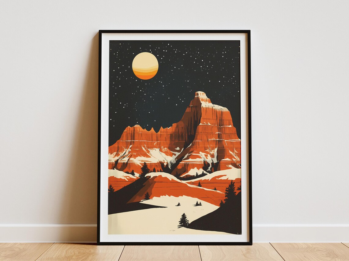 Badlands Snowy Orange Striped Buttes Under Full Moon Night Poster