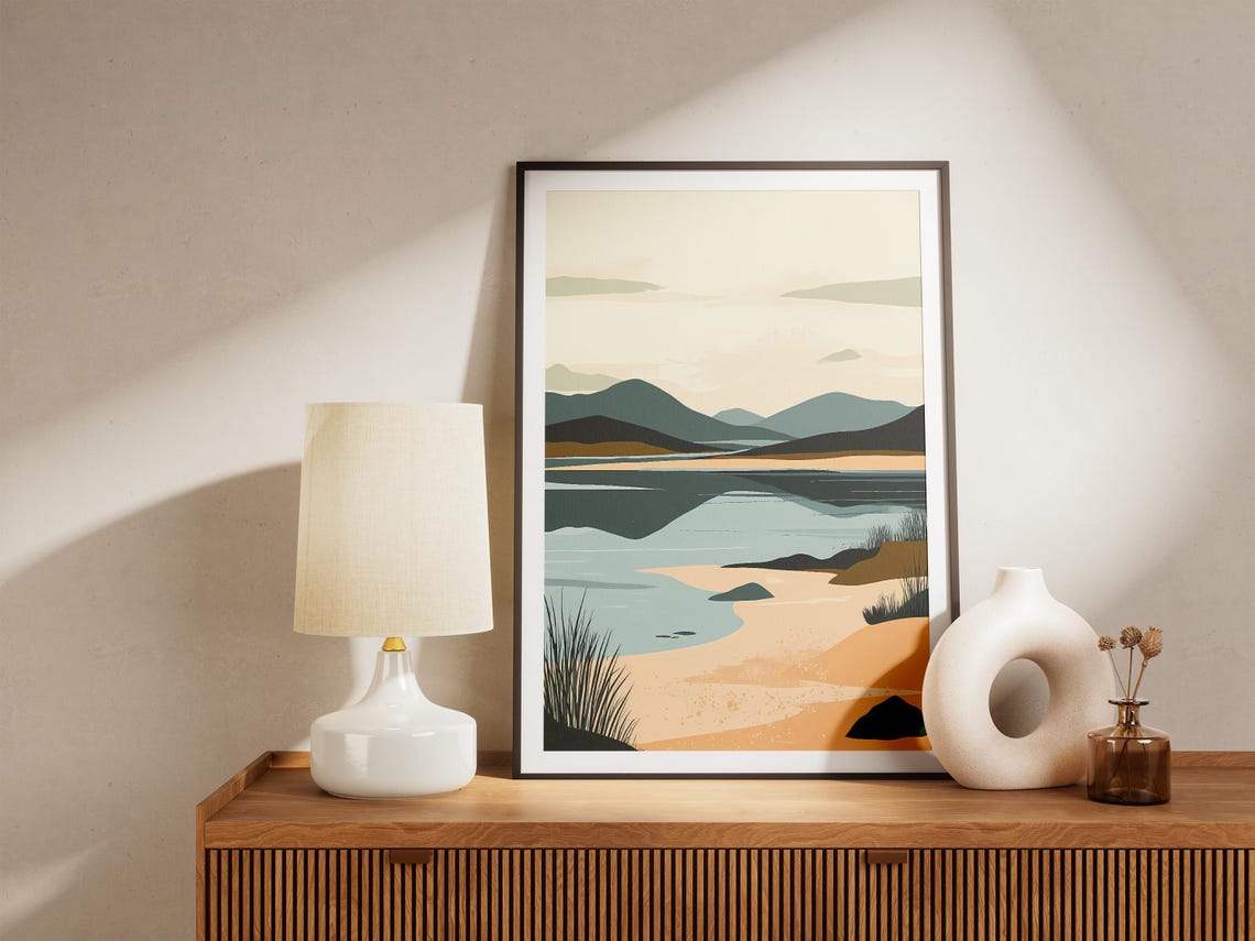 Calm Minimalist Beach With Mountain Reflection Landscape Poster - Image 5