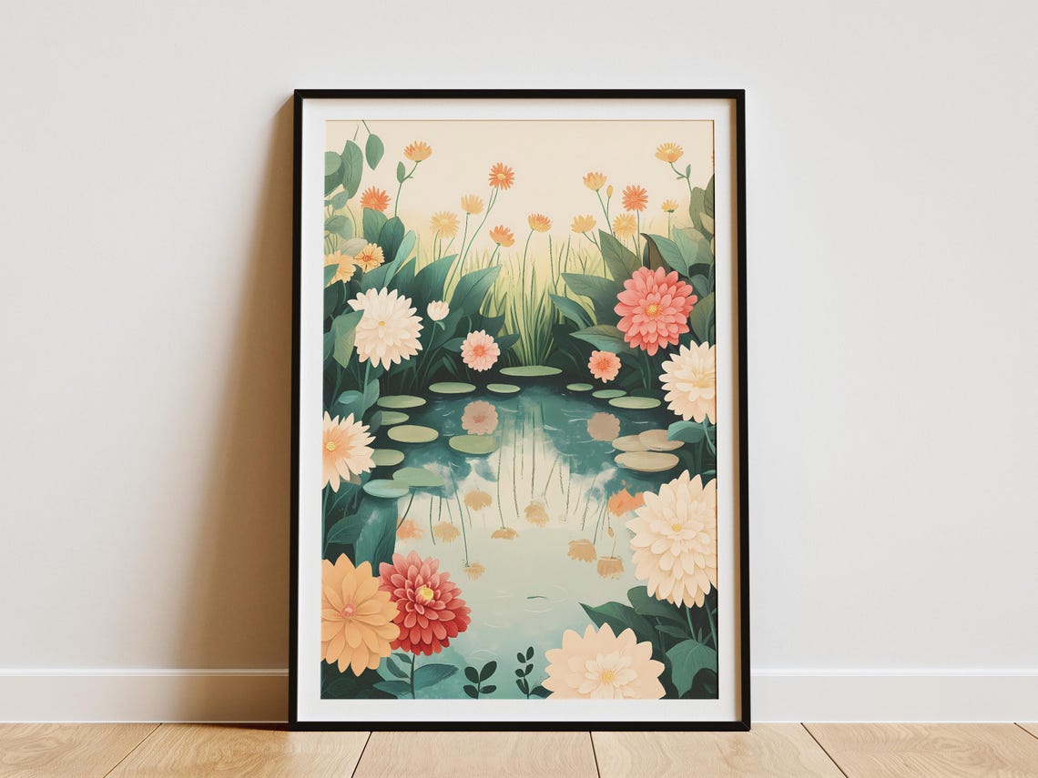 Pastel Dahlia Pond Dreamy Romantic Floral Waterside Scene Poster