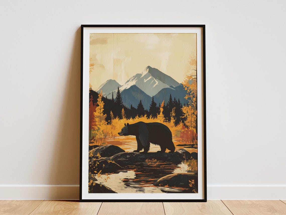 Black Bear Autumn River Snowy Mountain Fall Forest Wildlife Poster