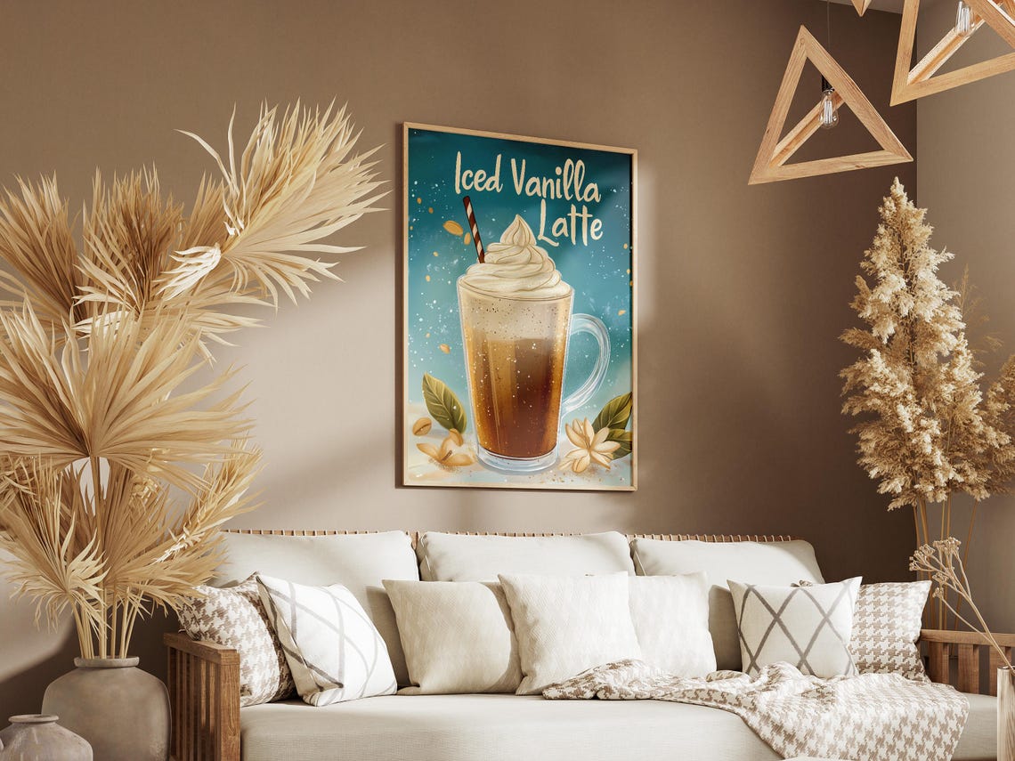 Iced Vanilla Latte Coffee Drink Poster Print Wall Art Kitchen Decor Coffee Shop Decor Caffeine Beverage Flatlay Illustration - Image 3