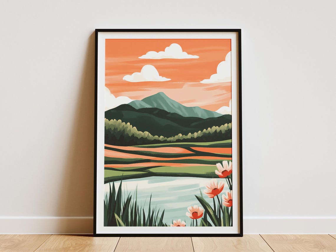 Orange Sunset Field With Green Mountains And Wildflowers Poster