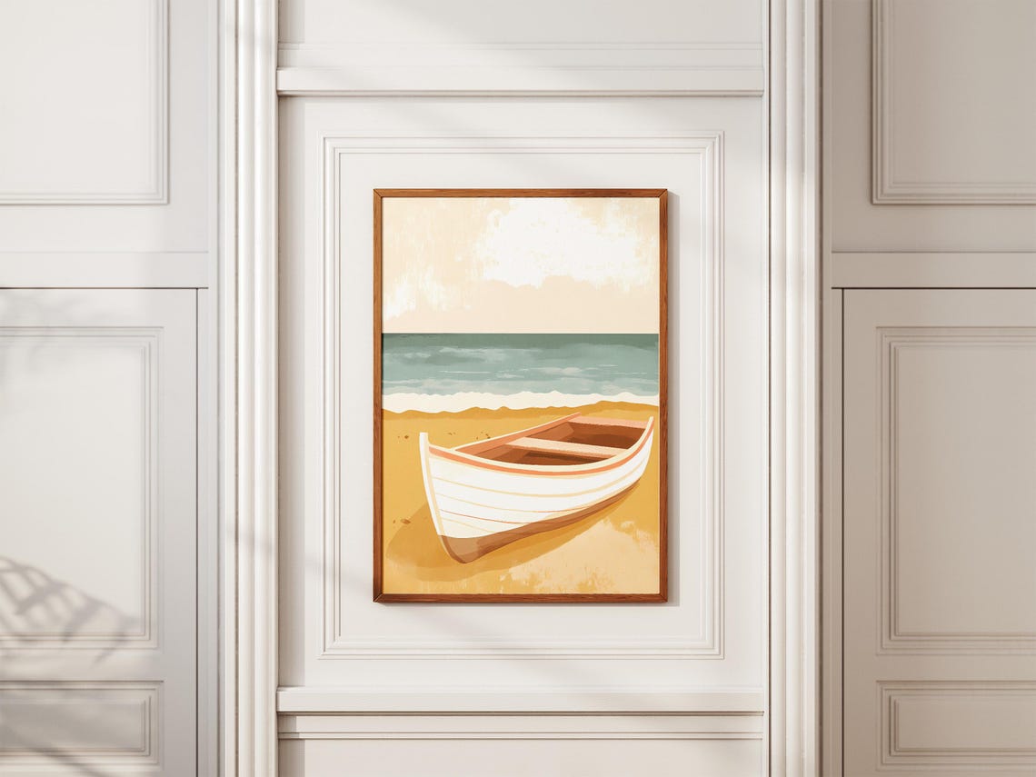 White Rowboat on Golden Sand Beach Minimalist Nautical Poster - Image 2