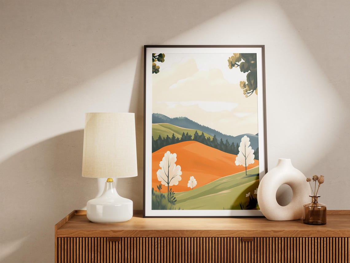 Orange Hill With White Spring Trees Minimalist Modern Landscape Poster - Image 5