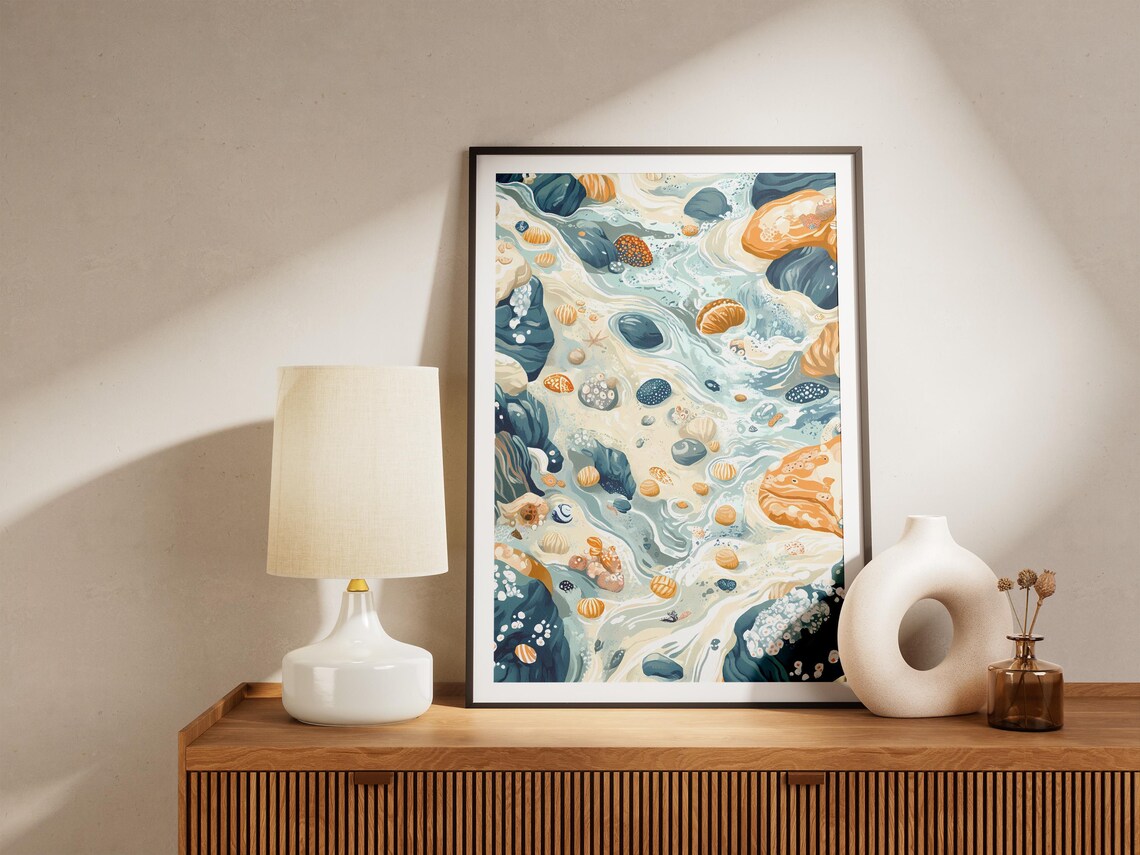 Ocean Tide Pool With Shells And Crabs Aerial Watercolor Poster - Image 5